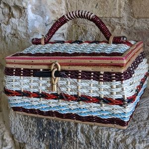 Vintage Red, Black & Turquoise Wicker and Wood Sewing Basket